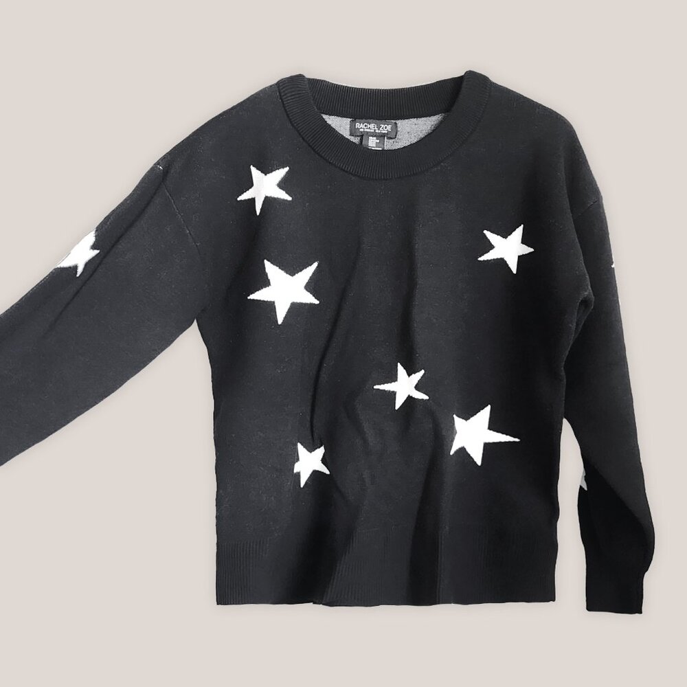 RACHEL ZOE Black & White Star Sweater Top | Long Sleeve Blouse Shirt
